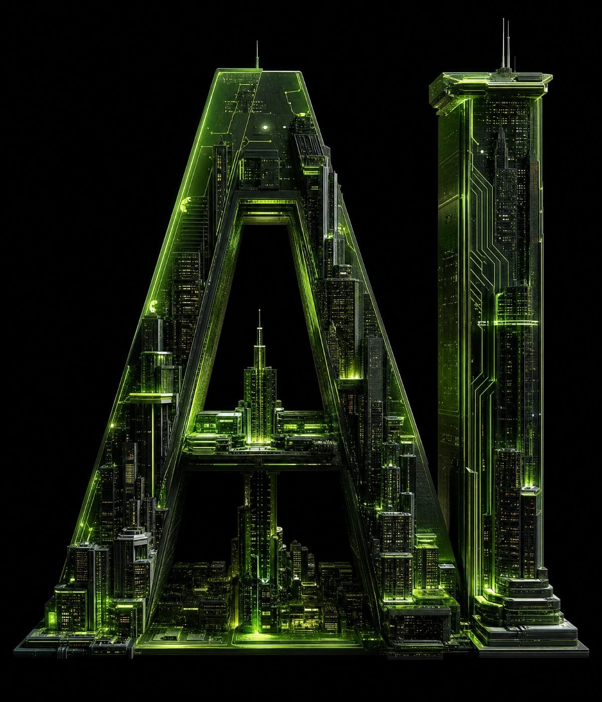 Ilustración tecnológica del monograma AI con una ciudad iluminada en verde